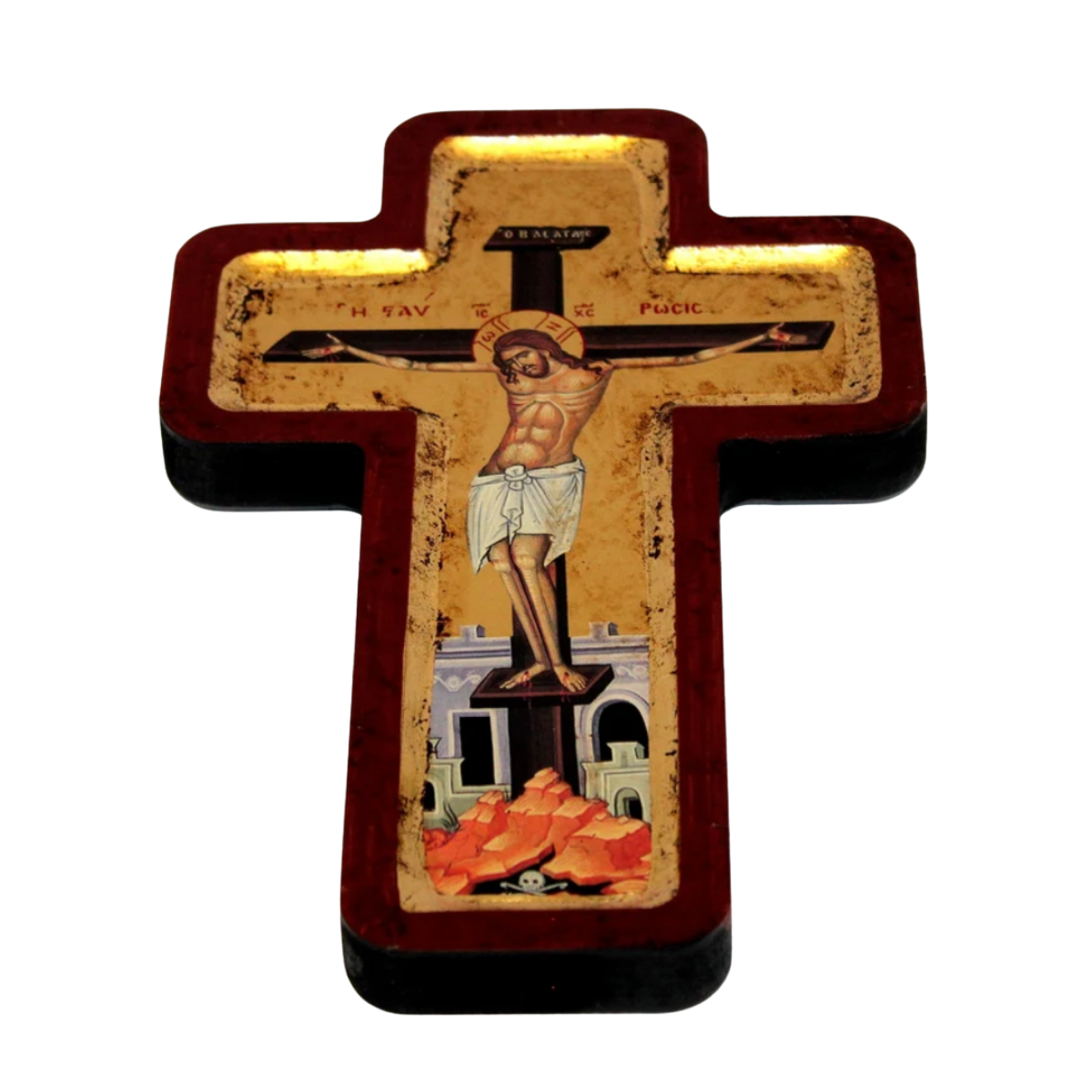 Crucifixion Cross Icon with sheets of Gold (Lithography) 9.5 x 6 inches