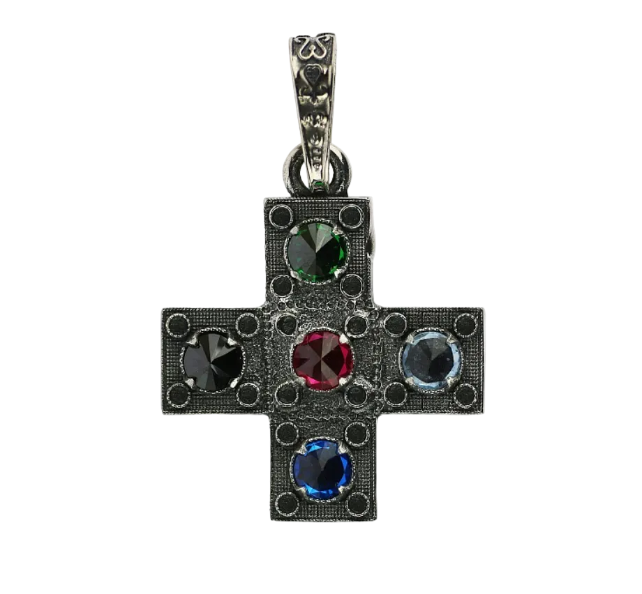 Silver Cross with 5 Colorful Stones