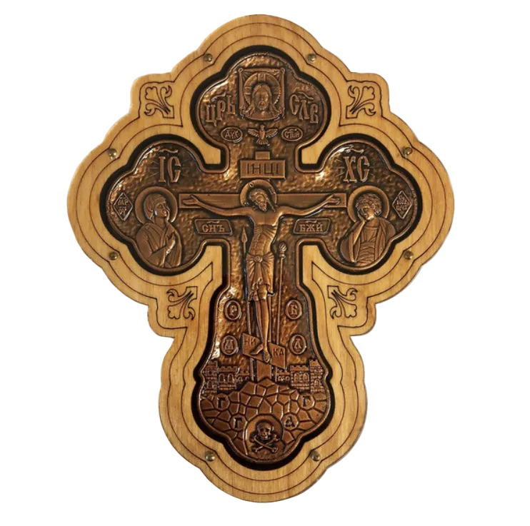 Wall Cross, Crucifix with Theotokos and St John, bronze-tone on wood Main image