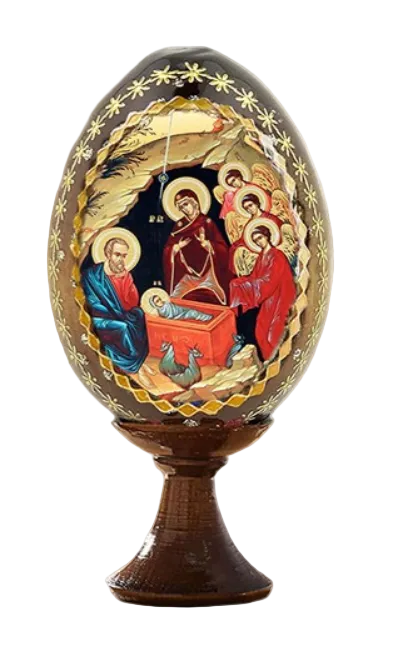Wood Egg on stand with Angelic Nativity icon, version 2