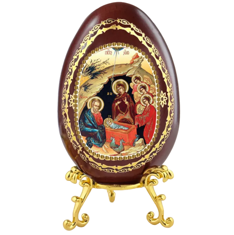 Wood Egg on stand with Nativity of Christ with angels icon
