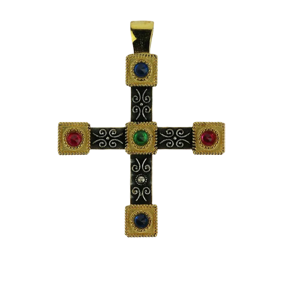 Silver Cross with 5 Colorful Stones