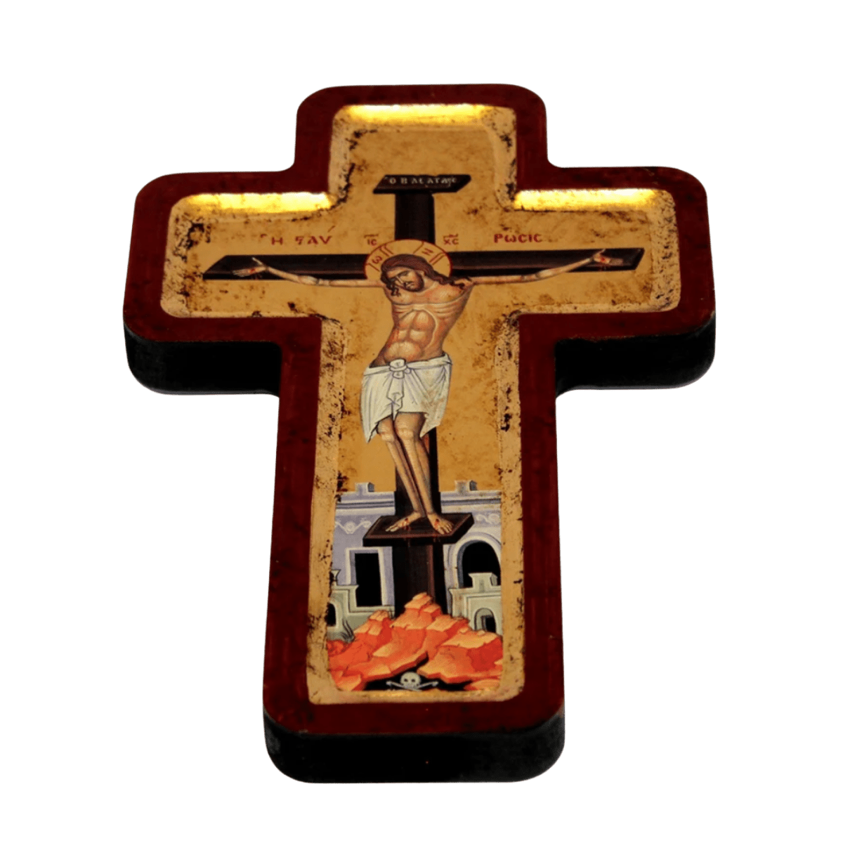 Crucifixion Cross Icon with sheets of Gold (Lithography) 9.5 x 6 inches - Mercy Fold