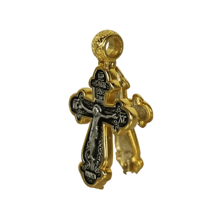 Silver Cross 925o Russian style that opens to place holy relics or holy unction. The front side bears the Crucified and the back side is decorated. Dimensions: 2,8 x 3,4 cm. - Mercy Fold