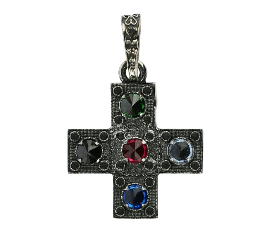 Silver Cross with 5 Colorful Stones - Mercy Fold Main image