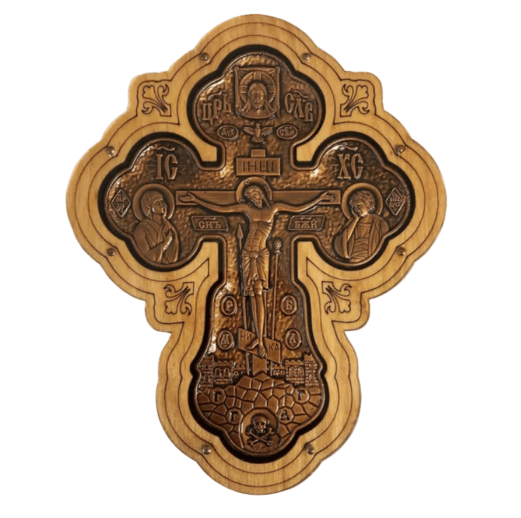 Wall Cross, Crucifix with Theotokos and St John, bronze-tone on wood - Mercy Fold Main image